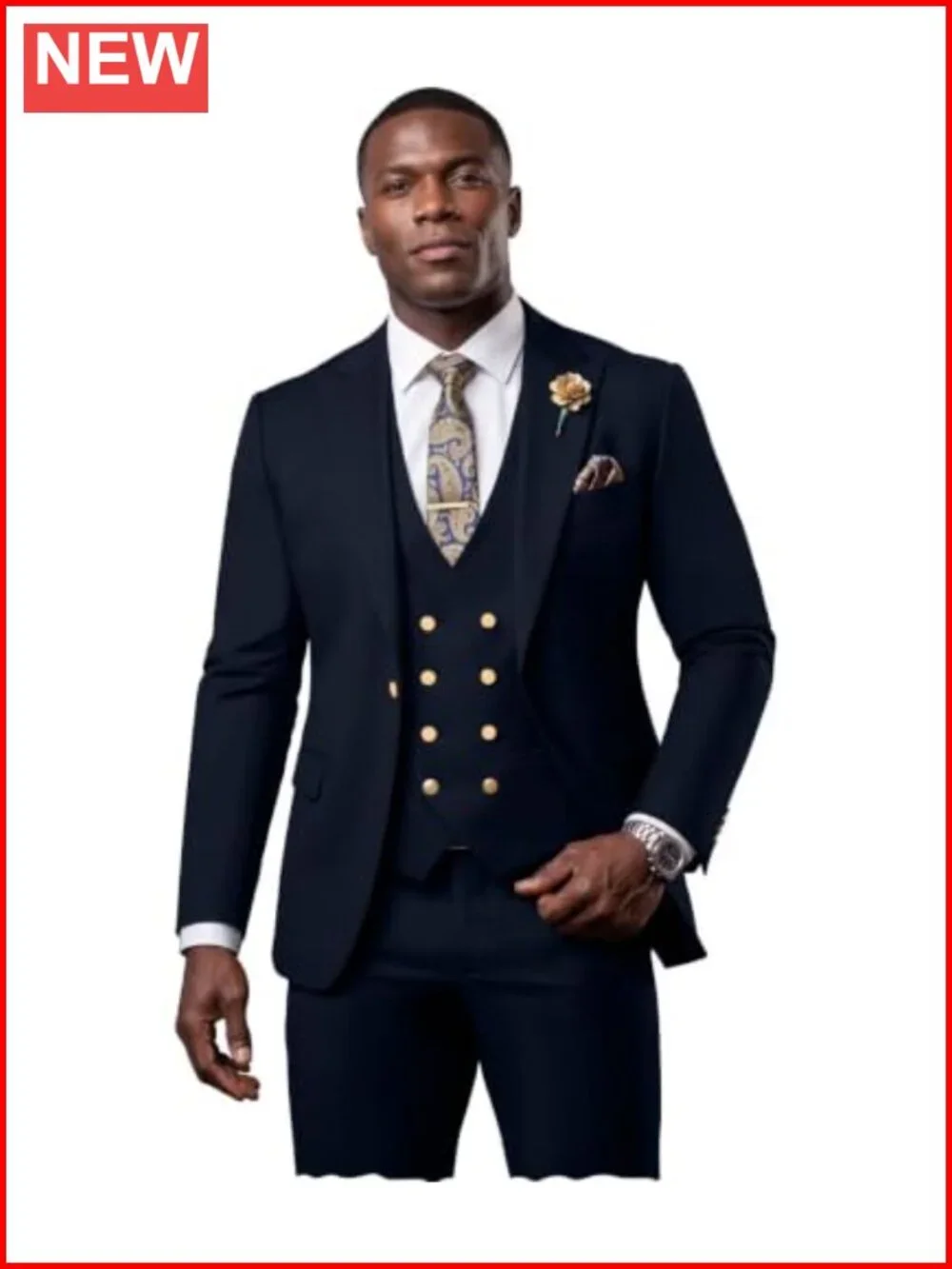 Men's 3 Piece Slim Fit Tuxedo Suit Set Blazer Vest Pants Gold Button